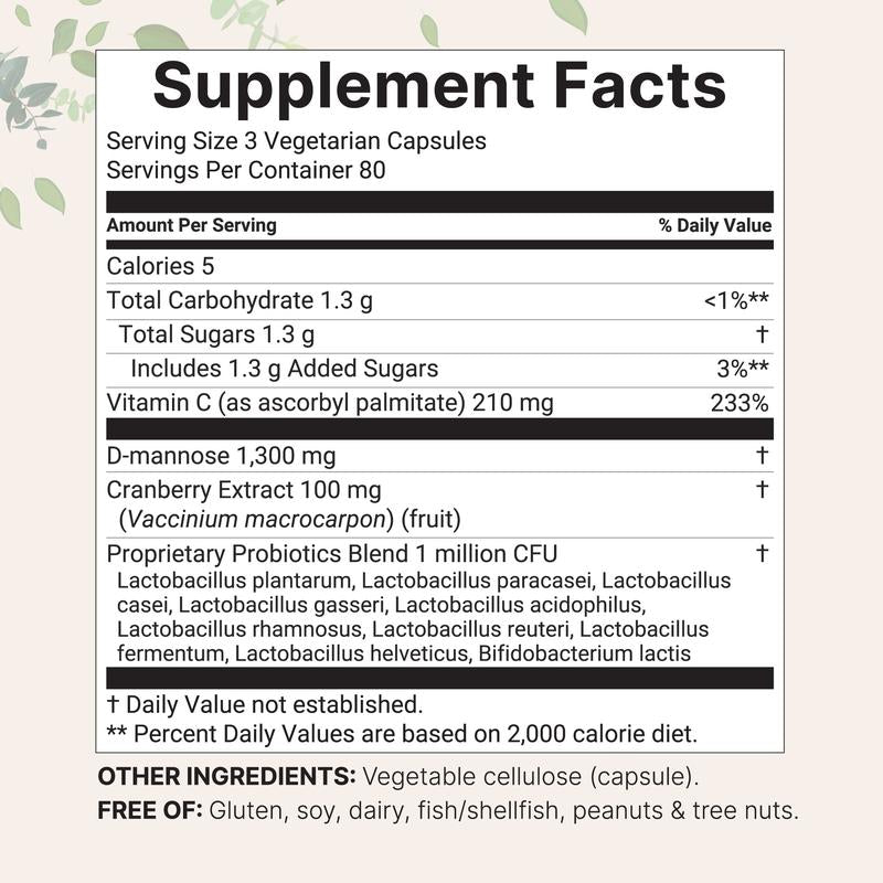 D-Mannose 1,300mg with Cranberry, Probiotics & Fat-Soluble Vitamin C, 90 Capsules