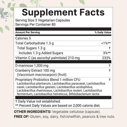 D-Mannose 1,300mg with Cranberry, Probiotics & Fat-Soluble Vitamin C, 90 Capsules