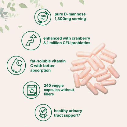 D-Mannose 1,300mg with Cranberry, Probiotics & Fat-Soluble Vitamin C, 90 Capsules